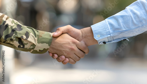 Soldier and civilian shaking hands on blurred background photo