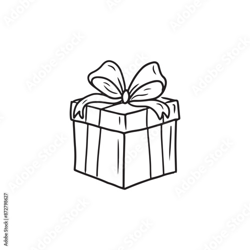 Beautiful cardboard box decorated with ribbon and bow as a happy birthday gift in black isolated on white. Hand drawn vector sketch illustration in doodle engraved vintage line art style. Christmas