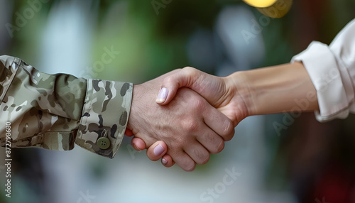 Soldier and civilian shaking hands on blurred background