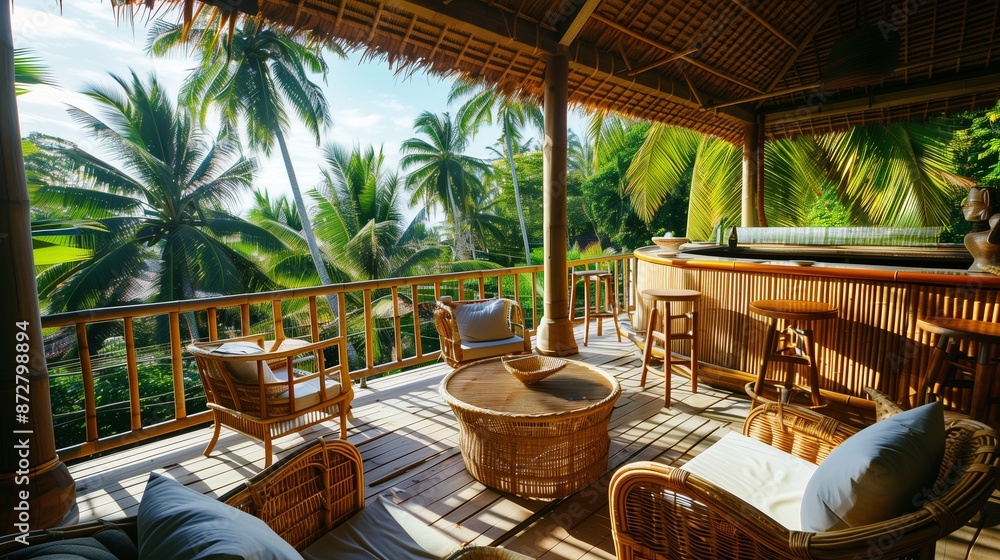 Fototapeta premium A tropical terrace lounge with a bamboo bar, rattan furniture, and a view of palm trees swaying in the breeze.