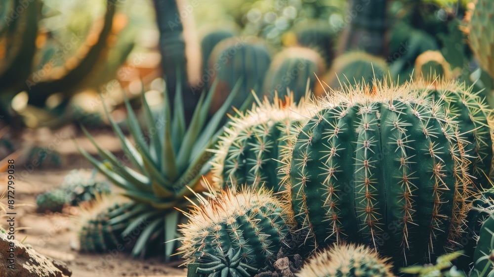 Green and cream spiked cacti featured in garden close up Green and cream spiked cacti featured in garden close up