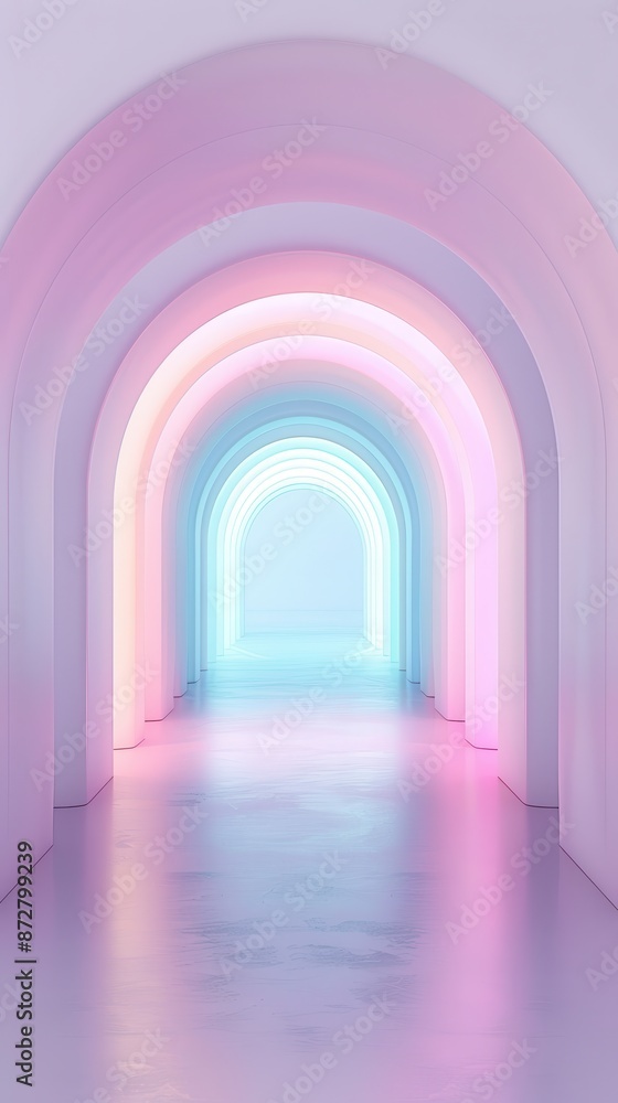 A long, narrow hallway with neon lights on the ceiling A long, narrow hallway with neon lights on the ceiling