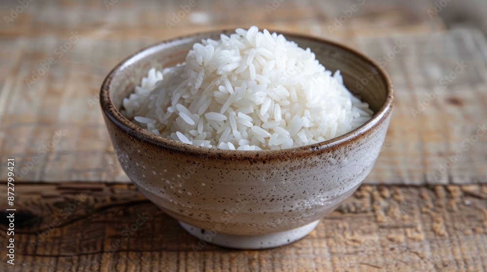 Cooked white rice steamed in a bowl on a wooden surface Cooked white rice steamed in a bowl on a wooden surface