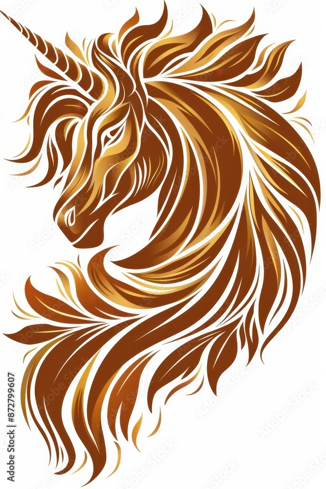 A unicorn's head, brown and white, long manes and tail, against a white backdrop A unicorn's head, brown and white, long manes and tail, against a white backdrop