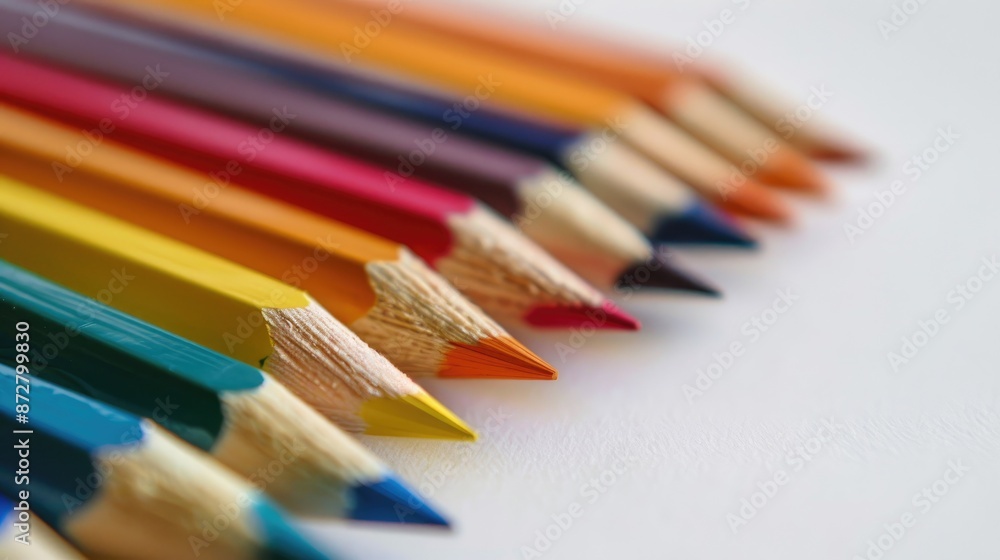Colored pencils in close up on white surface Colored pencils in close up on white surface