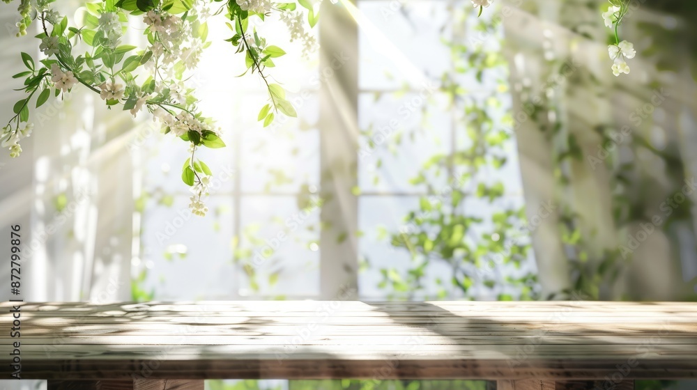 Board with empty space decorated with green flowers Blurred white window and area for creating Morning sunlight in spring Board with empty space decorated with green flowers Blurred white window and area for creating Morning sunlight in spring