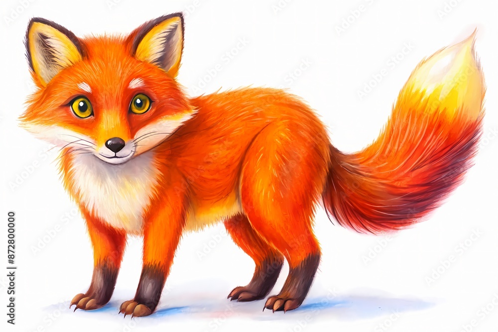 Obraz premium Curious young red fox with piercing yellow eyes and reddish-orange fur cautiously observes the camera, its bushy tail twitching with every subtle movement.