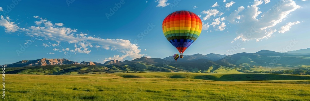 Fototapeta premium Colorful Hot Air Balloon Soaring Over Green Meadow and Mountains on a Sunny Day