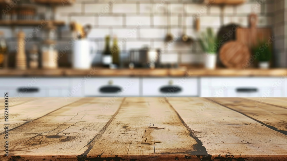 Kitchen background with blurry wooden table Kitchen background with blurry wooden table