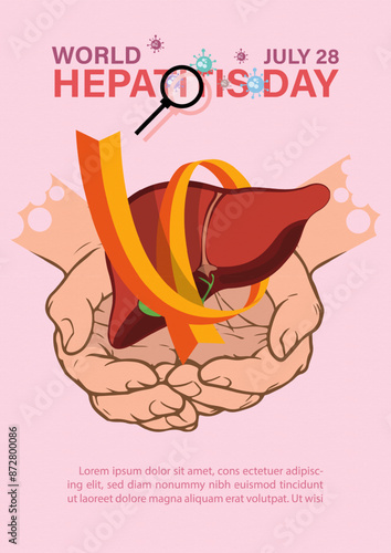 Concept of hepatitis A, B, C, D, and world hepatitis's day campaign's poster with human liver on hands in flat style and vector design with wording of event, example texts om pink background.