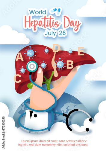 Concept of hepatitis A, B, C, D, and world hepatitis day campaign's poster with human liver and symbols of virus on hand of doctor in paper cut style and vector design.
