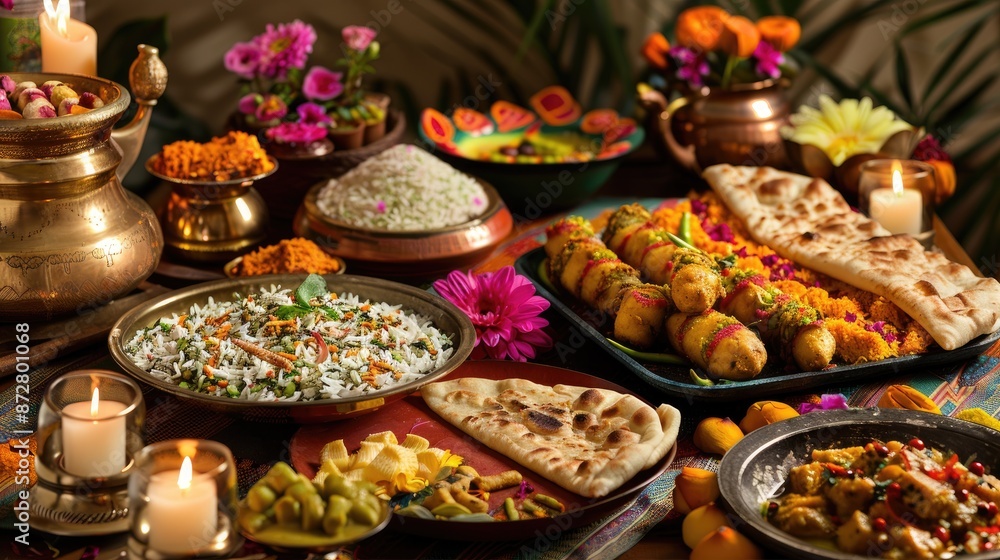 Traditional Indian Diwali feast featuring naan samosa rice paneer and sweets Decorated table with flowers candles and festive cuisine Traditional Indian Diwali feast featuring naan samosa rice paneer and sweets Decorated table with flowers candles and festive cuisine
