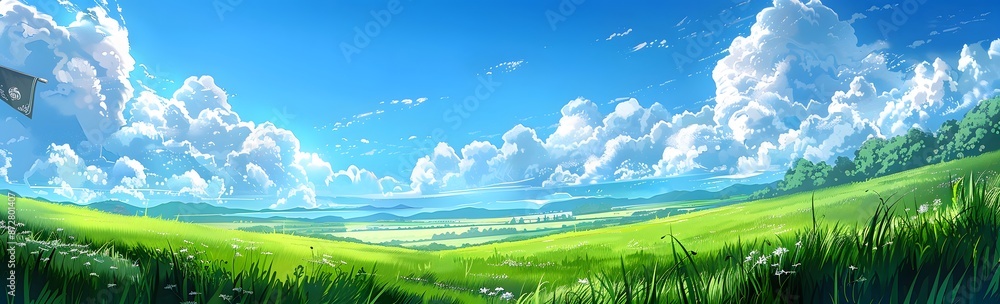 Green Grass Field with Blue Sky and Clouds Green Grass Field with Blue Sky and Clouds