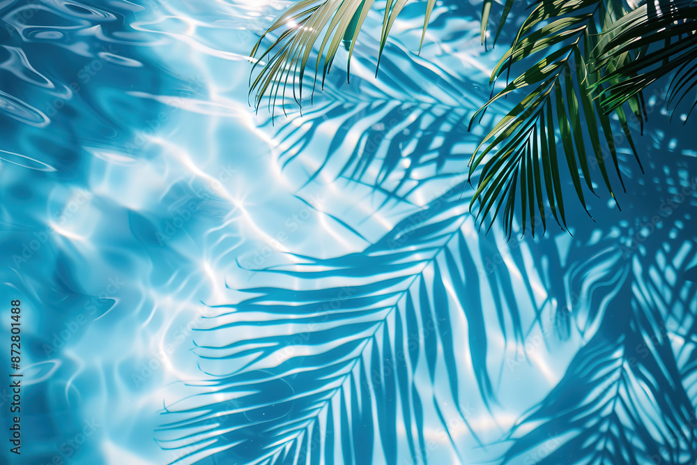 Tropical leaf shadow on water surface. Shadow of palm leaves on blue water. Beautiful abstract background concept banner for summer vacation at the beach Tropical leaf shadow on water surface. Shadow of palm leaves on blue water. Beautiful abstract background concept banner for summer vacation at the beach