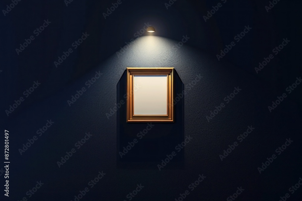 A single small frame on a dark navy wall, with a bright spotlight drawing attention to its center, creating an intriguing focal point in A single small frame on a dark navy wall, with a bright spotlight drawing attention to its center, creating an intriguing focal point in