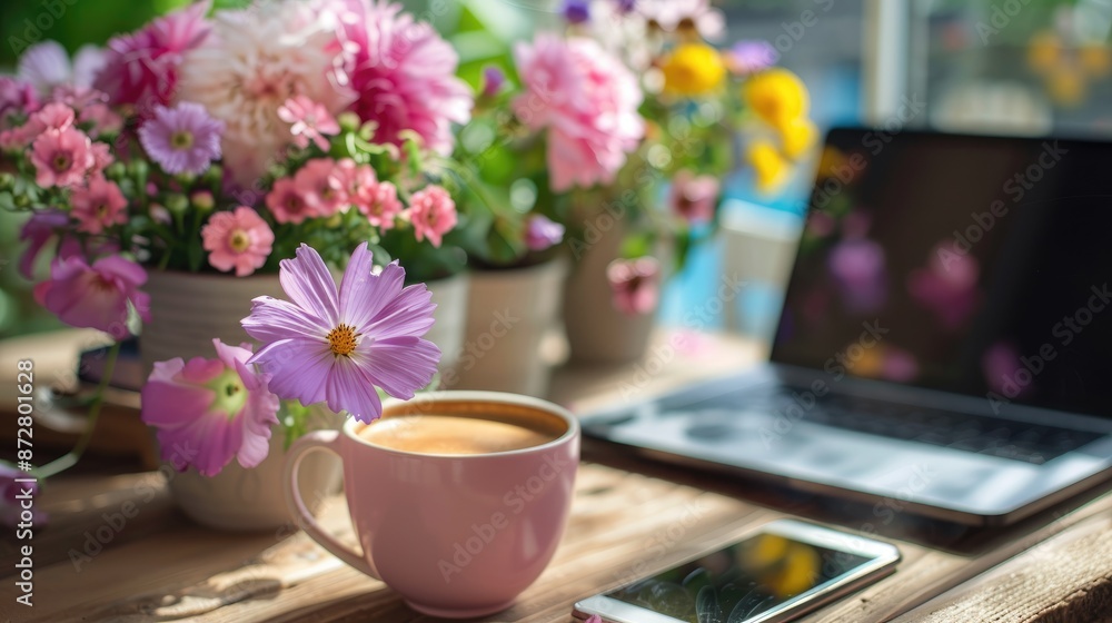 Freelancer s Workspace with Laptop and Smartphone in Cafe with Beautiful Flower Background Freelancer s Workspace with Laptop and Smartphone in Cafe with Beautiful Flower Background
