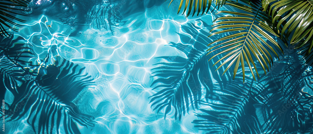 Tropical leaf shadow on water surface. Shadow of palm leaves on blue water. Beautiful abstract background concept banner for summer vacation at the beach Tropical leaf shadow on water surface. Shadow of palm leaves on blue water. Beautiful abstract background concept banner for summer vacation at the beach