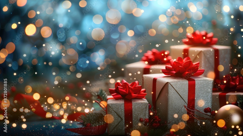 Christmas gift boxes with red ribbon on sparkling background Christmas gift boxes with red ribbon on sparkling background