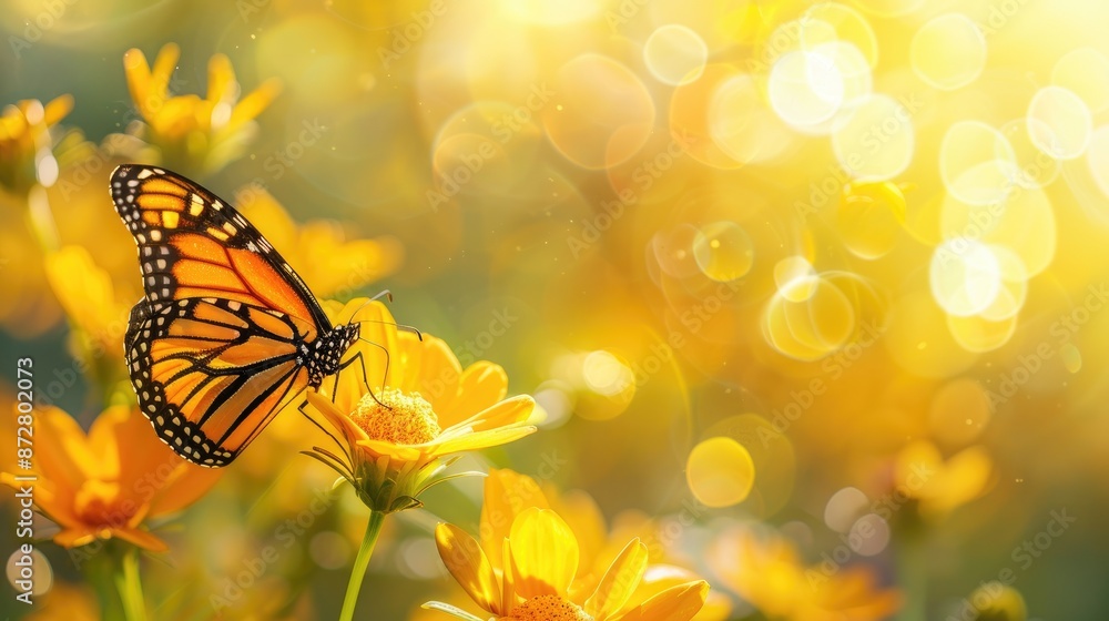 Monarch butterfly up close on flower with blurred sunny yellow background and space for text Monarch butterfly up close on flower with blurred sunny yellow background and space for text
