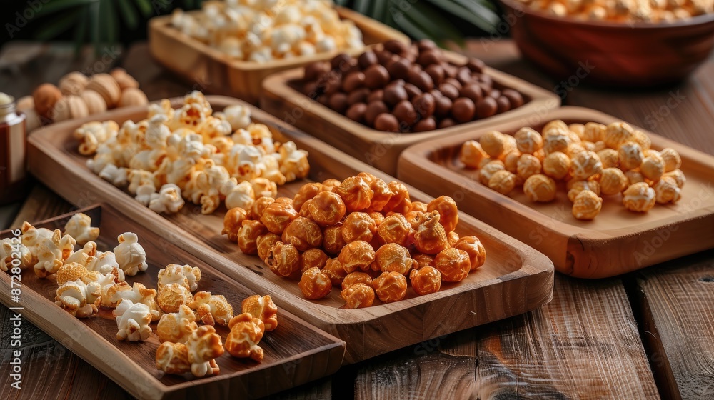 Caramel coated popcorn on wooden trays on a rustic table Caramel coated popcorn on wooden trays on a rustic table