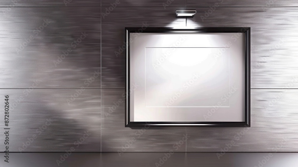 A single frame on a metallic silver wall, bathed in a bright spotlight, adding a touch of futuristic elegance in A single frame on a metallic silver wall, bathed in a bright spotlight, adding a touch of futuristic elegance in