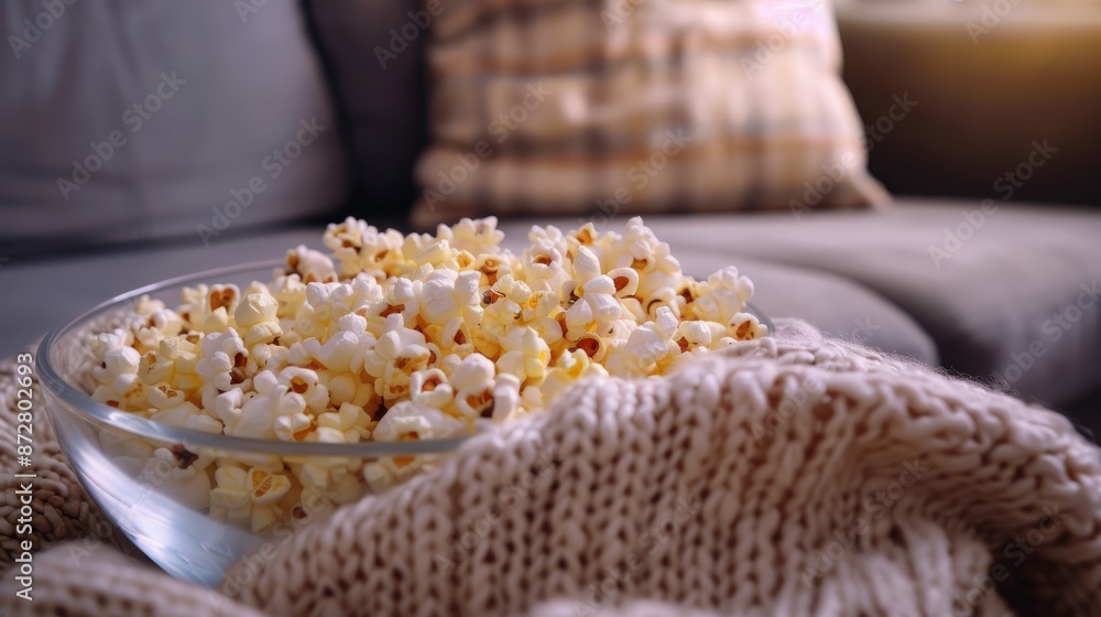 Popcorn in a bowl on the sofa Popcorn in a bowl on the sofa