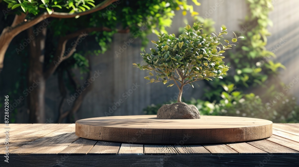 Fototapeta premium Natural wooden round podium on wooden planks with bonsai tree and blurred green tree plant background. Mockup showcase product display