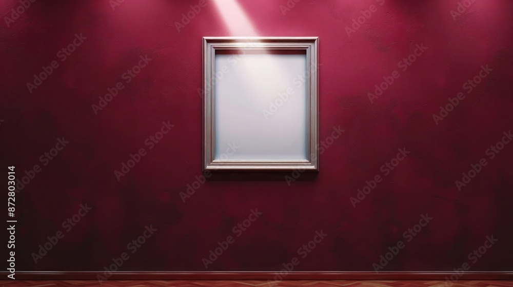 A single frame centered on a rich maroon wall, with a bright spotlight illuminating its emptiness, evoking contemplation in A single frame centered on a rich maroon wall, with a bright spotlight illuminating its emptiness, evoking contemplation in