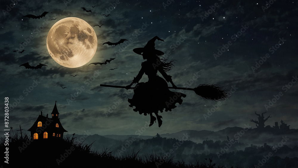 Fototapeta premium Charmed female witch flying on broom at midnight over full moon dark ritual halloween power magic day