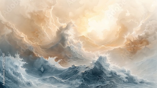 Watercolor painting of a breathtaking scene depicting the creation of the world by God, with dynamic waves and radiant light. Divine creation, artistic inspiration, spiritual concept, celestial artwor