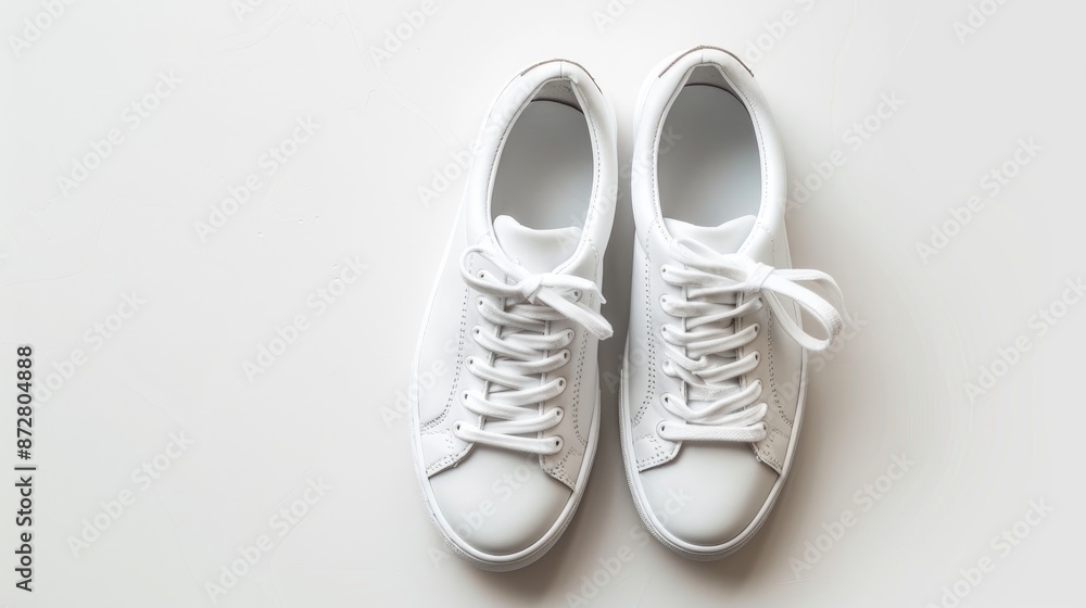 White sneakers on blank background with room for text Comfortable unisex sport shoes in casual style Classic seasonless leather trend with white laces White sneakers on blank background with room for text Comfortable unisex sport shoes in casual style Classic seasonless leather trend with white laces