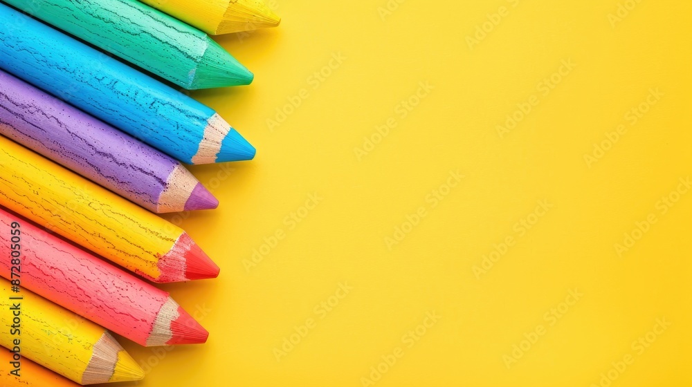 Colorful Chalks on Yellow Background with Copy Space Education Template and Creative Business Concept