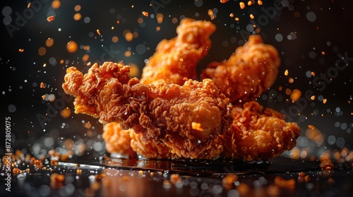 Close-up image of perfectly fried, golden chicken pieces with a sprinkle of seasoning, enticing the viewer with its crispy texture and rich flavors. photo