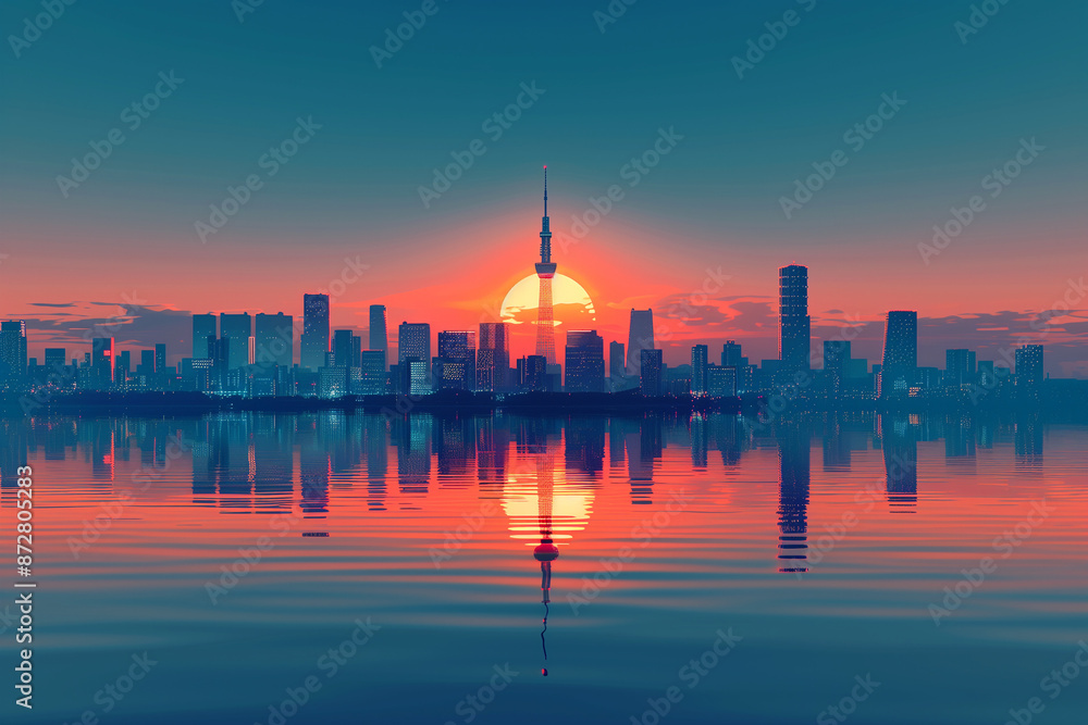 Minimalist digital artwork of a cityscape at sunrise Minimalist digital artwork of a cityscape at sunrise