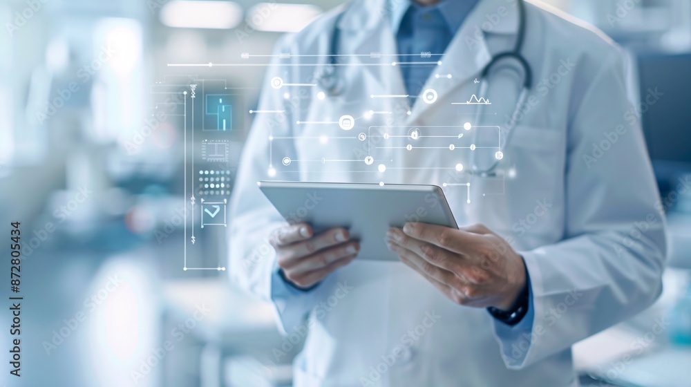 Magazine cover photo of a lead researcher holding a tablet displaying clinical trial data, confident pose, lab background, text overlay about breakthrough findings Magazine cover photo of a lead researcher holding a tablet displaying clinical trial data, confident pose, lab background, text overlay about breakthrough findings