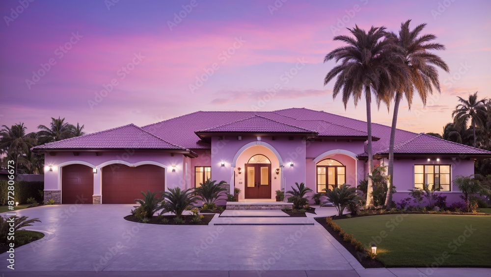Obraz premium This is a large house with a pink exterior, a palm tree, and a driveway.
