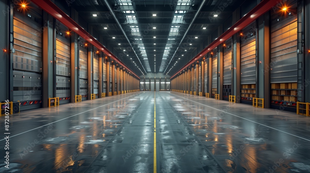 Spacious Empty Warehouse with Shiny Floors and Lighting. Spacious and empty warehouse featuring shiny floors, bright industrial lighting, and high ceilings, ready for storage or logistics operations. Spacious Empty Warehouse with Shiny Floors and Lighting. Spacious and empty warehouse featuring shiny floors, bright industrial lighting, and high ceilings, ready for storage or logistics operations.