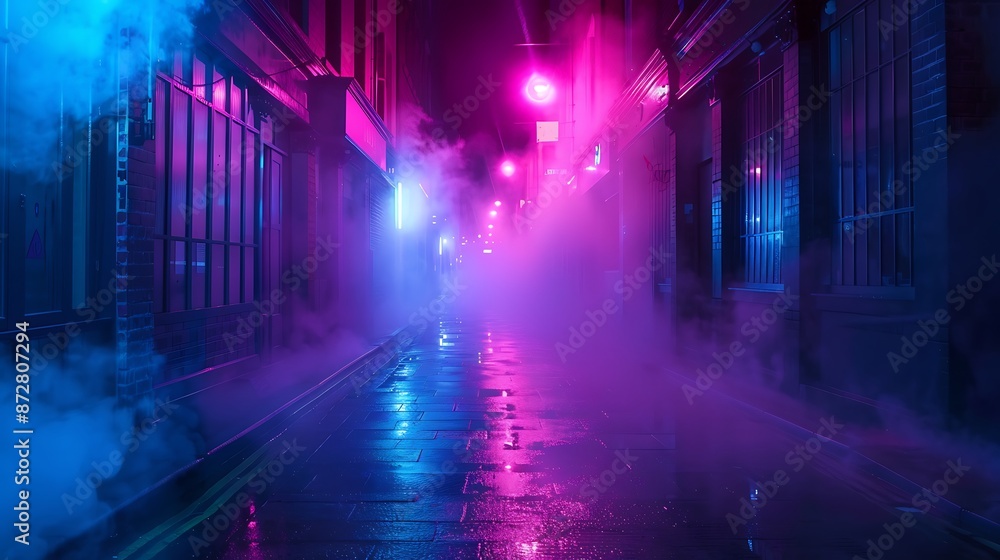 A dark street, bathed in neon pink and blue lights, with night smog swirling around. Minimalistic, ultra HD quality. A dark street, bathed in neon pink and blue lights, with night smog swirling around. Minimalistic, ultra HD quality.