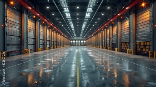 Spacious Empty Warehouse with Shiny Floors and Lighting. Spacious and empty warehouse featuring shiny floors  bright industrial lighting  and high ceilings  ready for storage or logistics operations.
