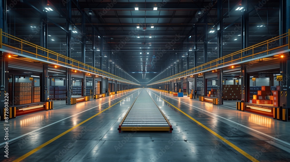 Obraz premium Automated Conveyor System in Modern Warehouse. Modern warehouse with an automated conveyor system, highlighting advanced logistics and efficient package handling.