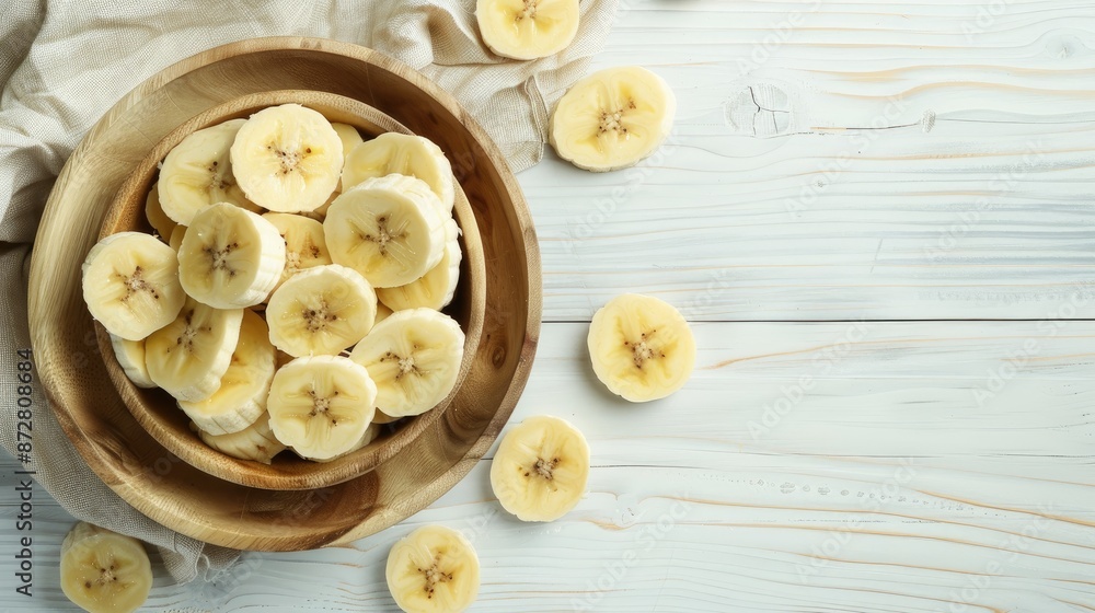Banana slices in bowl on wooden surface with white background and space for text Banana slices in bowl on wooden surface with white background and space for text