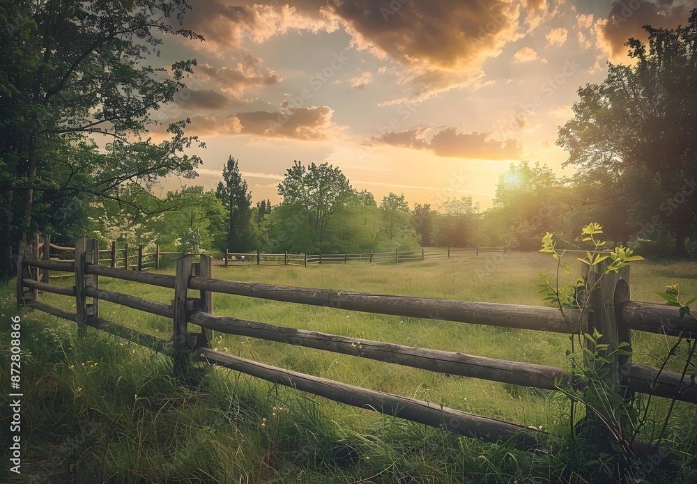 Obraz premium Rustic Wooden Fence in Grassy Field at Sunset