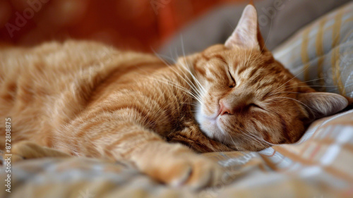 A cunning orange cat likes to sleep