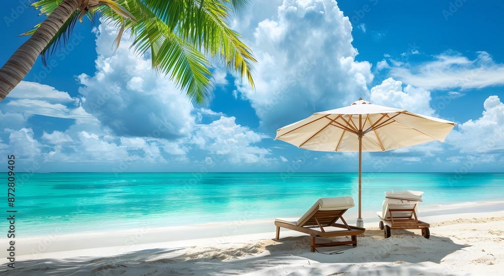Tropical Beach Paradise with Lounge Chairs and Umbrella Tropical Beach Paradise with Lounge Chairs and Umbrella