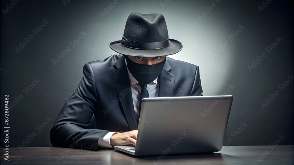 Spy agent searching on laptop. Hacker Spy agent searching on laptop. Hacker