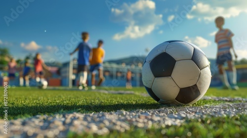 Soccer game at school, Children playing football sports with friends on grass field. School outdoor activity.