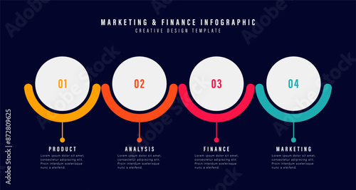 Vector infographics. Minimalistic deep blue financial and marketing infographic design template. Step by step, timeline. 4 steps