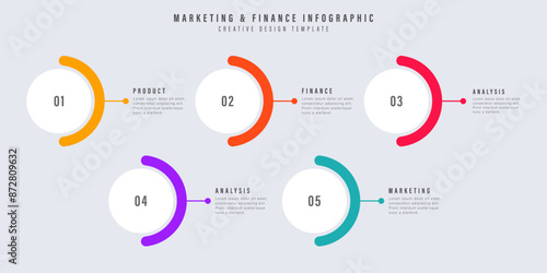Vector infographics. Minimalistic financial and marketing infographic design template. Step by step, timeline. 5 steps