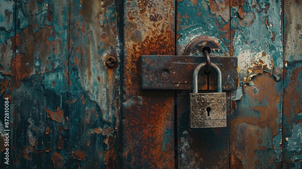 Locked hanging padlock on rusty garage door symbolizes confidential secrets Locked hanging padlock on rusty garage door symbolizes confidential secrets