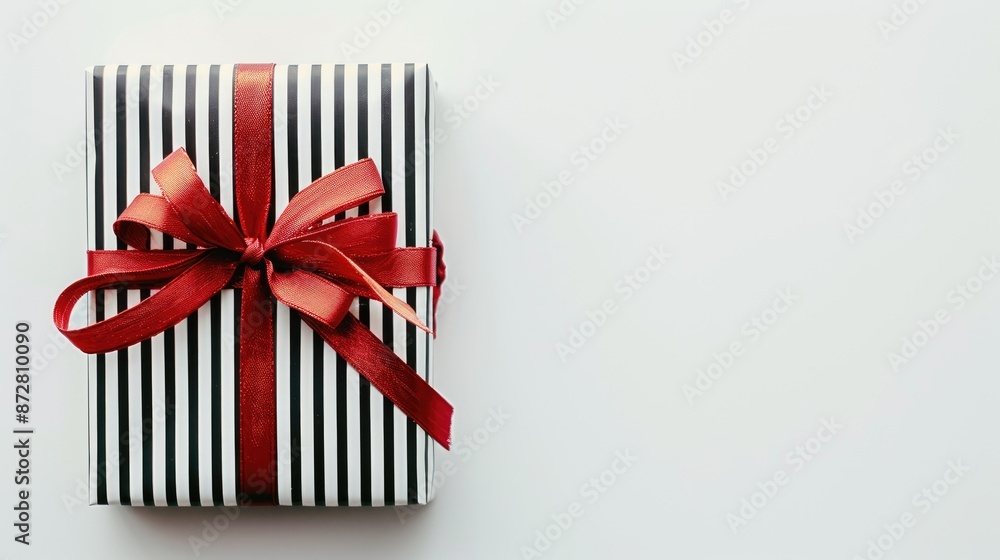 Christmas gift with striped wrapping and red ribbon on white background Christmas gift with striped wrapping and red ribbon on white background